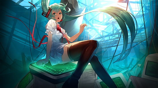 Vocaloid, Hatsune Miku, thigh-highs, HD wallpaper HD wallpaper