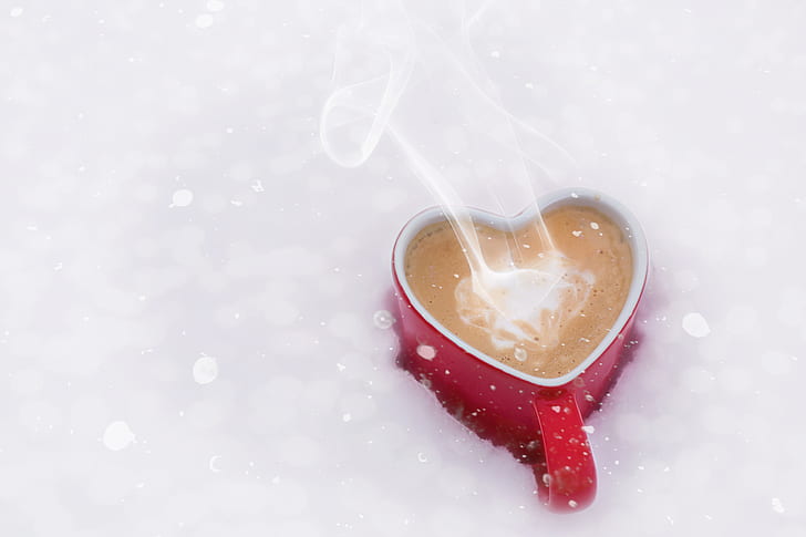winter, snow, heart, coffee, couples, mug, hot, background, cup, HD wallpaper