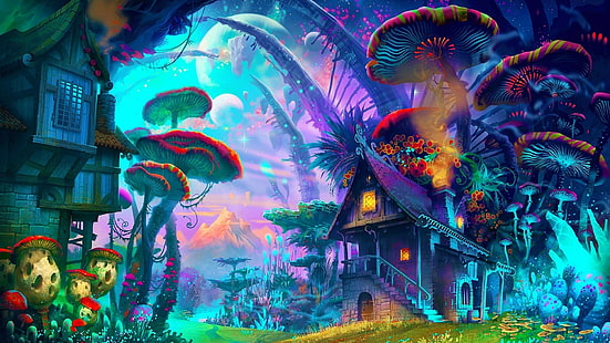 판타지 아트 드로잉 자연 환각 화려한 집 버섯 행성 식물 산, HD 배경 화면 HD wallpaper