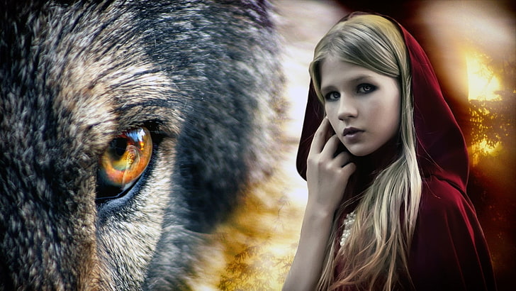 خيال ، ذات الرداء الأحمر ، حيوان ، أشقر ، عين ، ذيل خرافي ، فتاة ، ذئب، خلفية HD