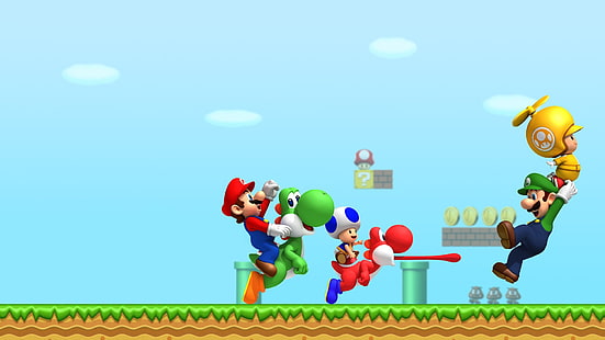 Super Mario digital wallpaper, Super Mario, Luigi, Yoshi, Toad (character), video games, digital art, HD wallpaper HD wallpaper
