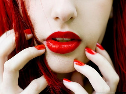 여자, 얼굴, 입, 빨간 머리, 빨간 립스틱, 페인트 손톱, HD 배경 화면 HD wallpaper