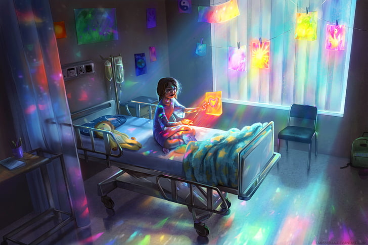 больница, кровать, маленькая девочка, дети, произведения искусства, 2D, эмоции, плюшевые мишки, цифровое искусство, HD обои