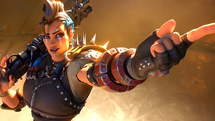 Overwatch, Overwatch 2, video games, screen shot, Blizzard Entertainment, video game girls, video game characters, CG, Junker Queen (Overwatch), weapon, shotgun, gun, spikes, mohawk, braids, two tone hair, armor, gloves, fingerless gloves, freckles, brunette, cyan hair, dyed hair, pierced, pierced lip, leather armor, leather clothing, red eyes, apocalyptic, post apocalypse, warm light, lights, face paint, HD wallpaper