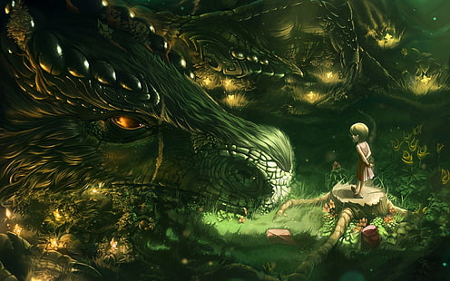 ilustração de dragão e menina verde, fantasia, dragão, criança, menina, HD papel de parede HD wallpaper