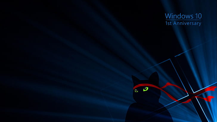 kucing, Windows 10, hijau, merah, biru, gelap, hitam, Ulang Tahun Windows 10, Wallpaper HD