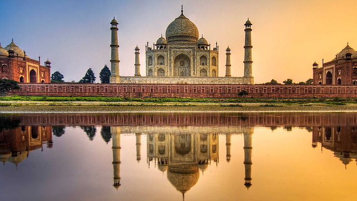 Taj Mahal, Índia, reflexão, construção, Taj Mahal, natureza, Índia, Arquitetura asiática, amor, paisagem, água, pôr do sol, HD papel de parede