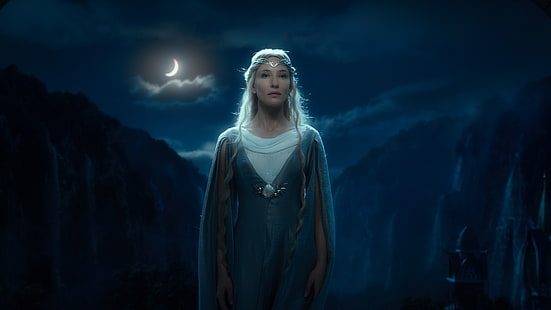 Władca Pierścieni Hobbit Elf Nocny Księżyc Cate Blanchett Galadriel HD, damska dwuczęściowa biała koszula i szara sukienka z długimi rękawami, filmy, noc, księżyc, pierścienie, lord, elf, hobbit, galadriel, blanchett, cate, Tapety HD HD wallpaper