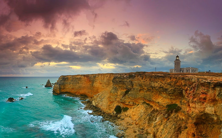 lighthouse, cliff, sea, rock, clouds, sunset, Puerto Rico, island, Caribbean, nature, landscape, HD wallpaper
