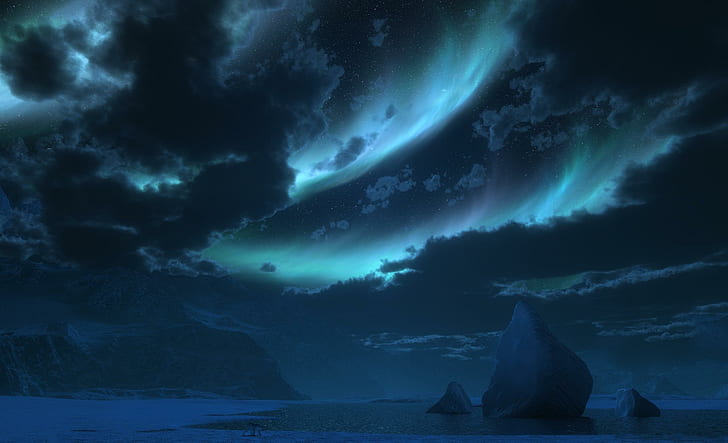 Antarctique, montagnes, ours polaire, bleu, lumière, antarctique, nuages, nuit, 3d et abstrait, Fond d'écran HD
