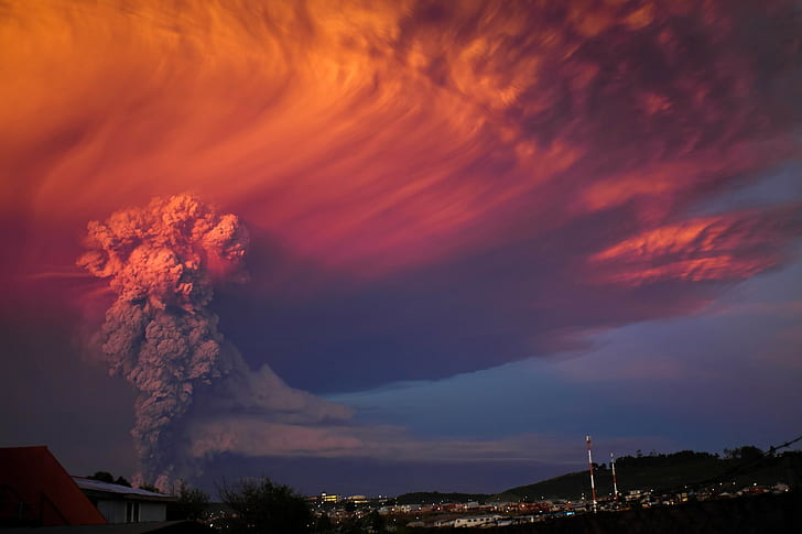 world, toxic, eruptions, volcano, clouds, nature, smoke, Calbuco Volcano, heat, landscape, Chile, ash, Puerto Montt, sunset, HD wallpaper