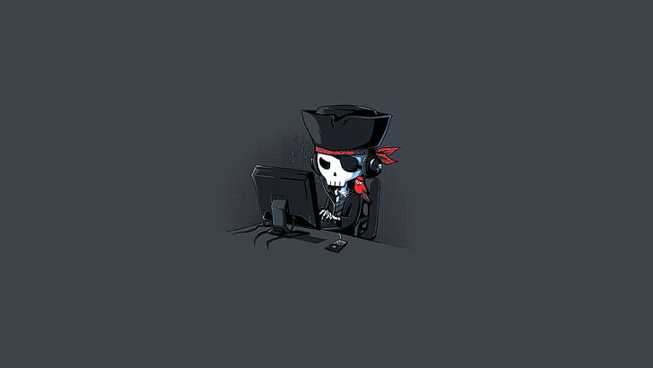esqueleto usando ilustração de computador, piratas, monitor, fones de ouvido, esqueleto, minimalismo, internet, computador, crânio, HD papel de parede