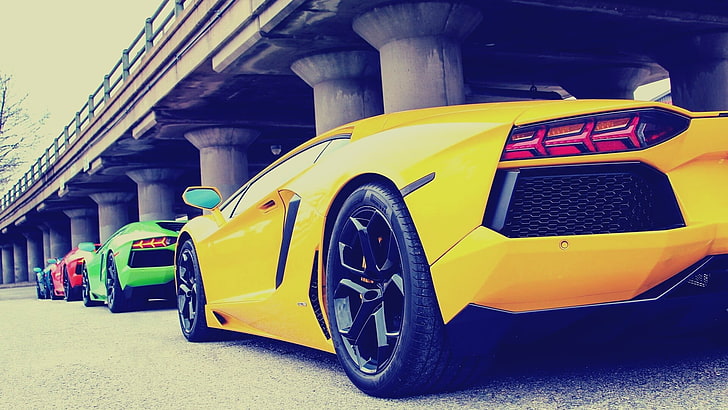 รถสีเหลือง, Lamborghini, Lamborghini Aventador, รถสีเหลือง, รถสีเขียว, รถสีแดง, ยานพาหนะ, รถ, วอลล์เปเปอร์ HD