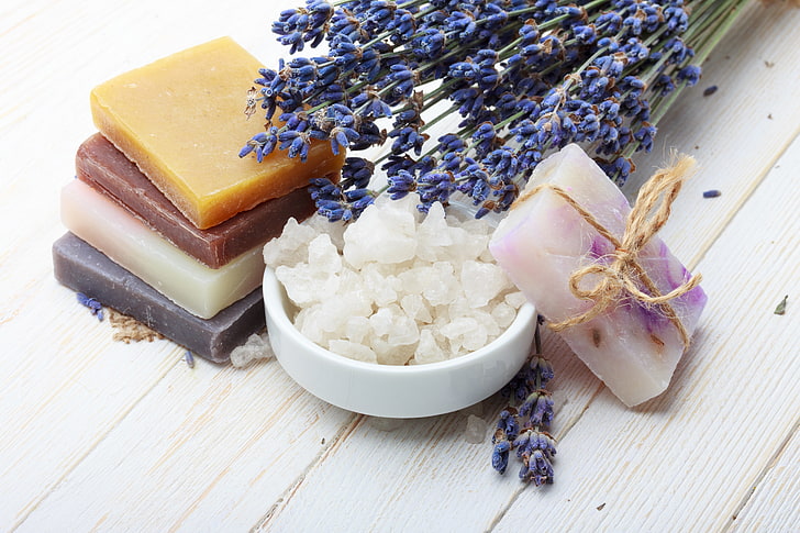 purple clustered flowers and assorted-color soap lot, lavender, sea salt, lavender flowers, lavender soap, HD wallpaper