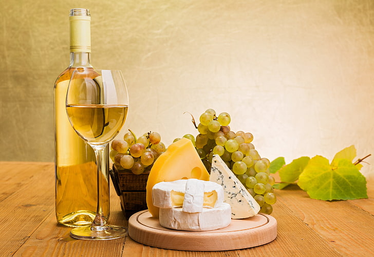 bicchiere da vino in vetro trasparente, vino, bianco, vetro, bottiglia, formaggio, uva, blu dorato, camembert, Maasdam, Sfondo HD