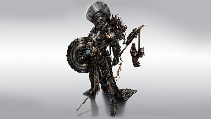 żołnierz trzymający włócznię i tarczę tapeta, grafika, grafika koncepcyjna, sztuka fantasy, wojownik, myśliwy, Spartanie, Tapety HD