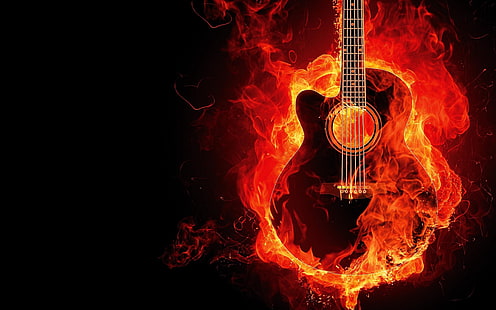 التوضيح الغيتار الأحمر والأسود ، الغيتار ، النار ، فوتوشوب ، اللهب، خلفية HD HD wallpaper
