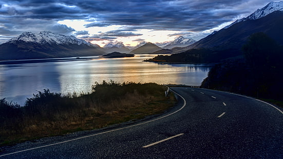 Nowa Zelandia, 4k, tapeta HD, natura, niebo, chmury, jezioro, droga, krajobraz, woda, góra, Tapety HD HD wallpaper