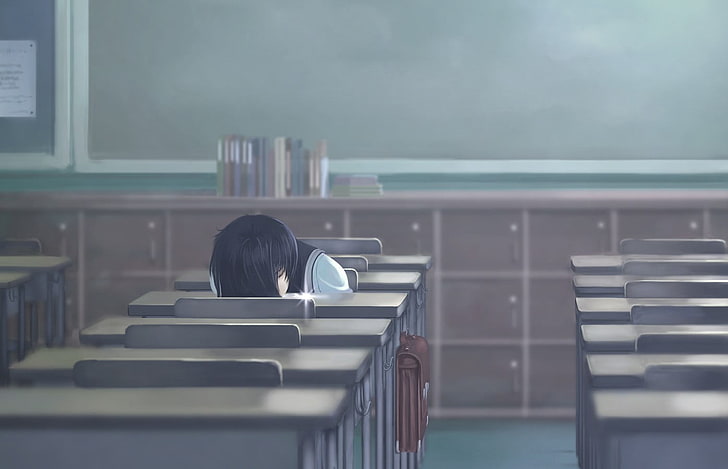 wallpaper karakter anime berambut hitam, gadis anime, sedang tidur, sekolah, sendirian, anime, Wallpaper HD