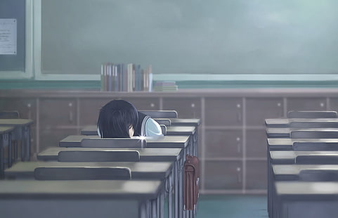검은 머리 애니메이션 캐릭터 벽지, 애니메이션 소녀들, 자고, 학교, 혼자, 애니메이션, HD 배경 화면 HD wallpaper