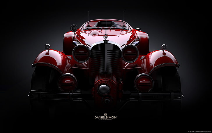 auto rossa Danelsmon, auto, supercar, arte digitale, fumetti Marvel, vintage, veicoli, macchine rosse, Sfondo HD
