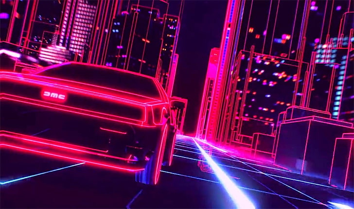 розовый автомобиль, New Retro Wave, synthwave, 1980-е, неон, DeLorean, автомобиль, ретро-игры, HD обои