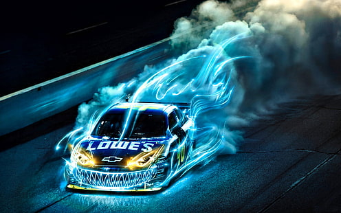Drift Racing HD, lowes Chevrolet racerbil med rök och blå låga tapeter, drift, kreativ, grafik, kreativ och grafik, racing, HD tapet HD wallpaper