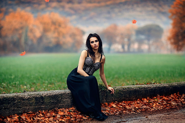 autumn, girl, makeup, Alessandro Di Cicco, Foggy Orange, bokeh.leaves, HD wallpaper