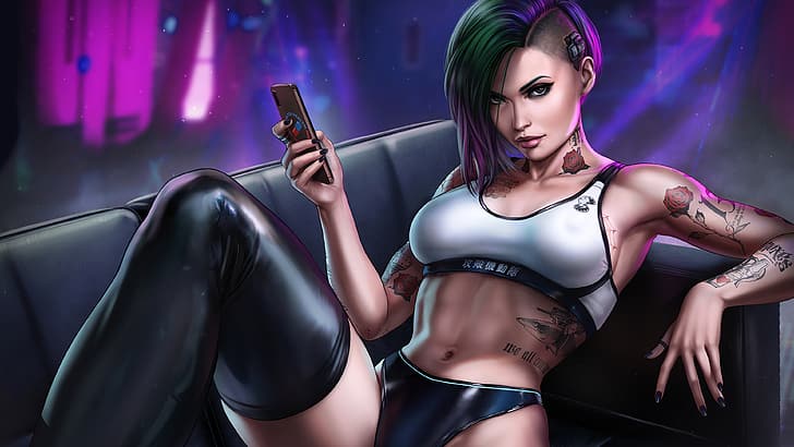 grafika, Cyberpunk 2077, Judy Alvarez, tatuaż, Tapety HD