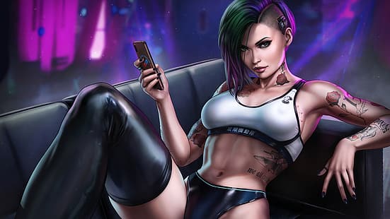 grafika, Cyberpunk 2077, Judy Alvarez, tatuaż, Tapety HD HD wallpaper