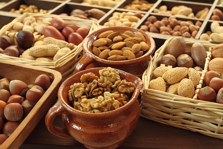 assorted nuts, nuts, almonds, acorn, basket, walnut, cuts, pots, funduc, Faris, HD wallpaper