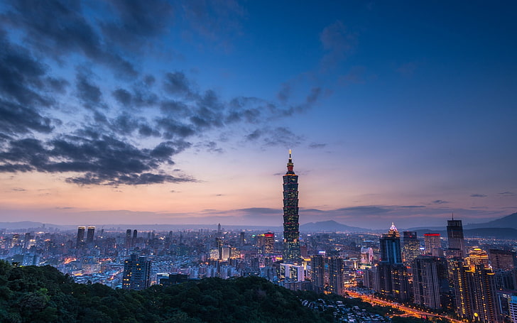 menara hitam, lanskap kota, Taipei 101, bangunan, Wallpaper HD