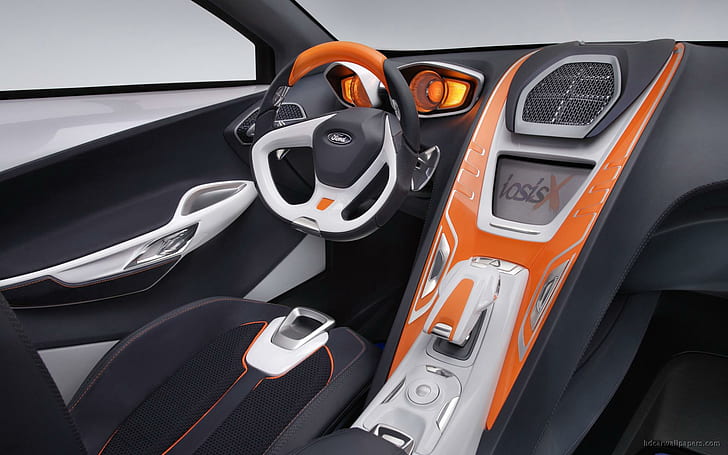 Ford Iosis X Concept Интериор, черен, бял и оранжев волан на автомобила, интериор, концепция, ford, iosis, автомобили, HD тапет