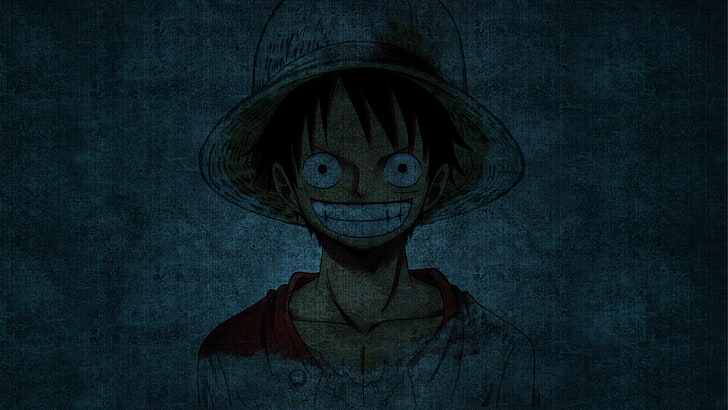 Ilustrasi One Piece Monkey D Luffy, Monkey D. Luffy, One Piece, latar belakang biru, tersenyum, Wallpaper HD