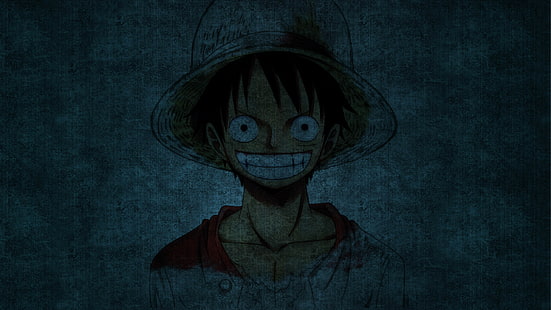 Ilustrasi One Piece Monkey D Luffy, Monkey D. Luffy, One Piece, latar belakang biru, tersenyum, Wallpaper HD HD wallpaper