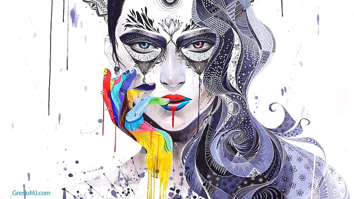 woman in purple, black, and yellow painting, Minjae Lee, artwork, painting, women, mosaic, surreal, face, colorful, digital art, portrait, paint splatter, abstract, selective coloring, HD wallpaper