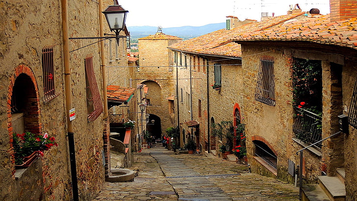 Calle, pueblo, ciudad, arquitectura medieval, Toscana, Castiglione della Pescaia, Italia, Europa, Fondo de pantalla HD