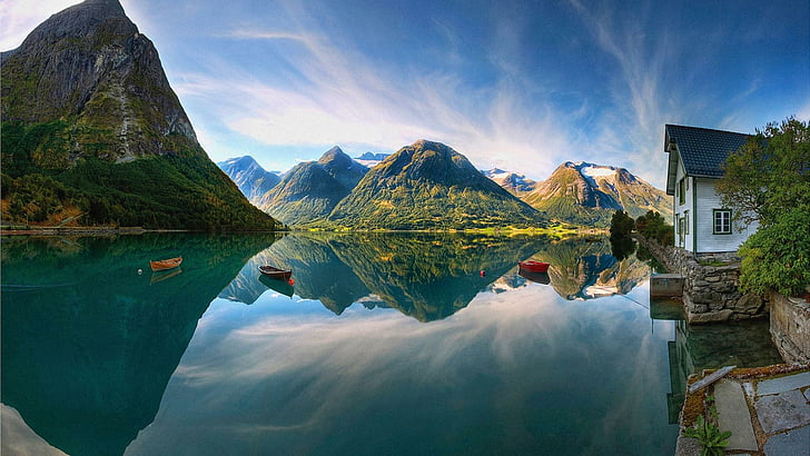 езеро, Норвегия, Европа, фиорд, небе, къща, отразено, отражение, планини, невероятно, красиво, празник, пътуване, турист, приключение, HD тапет