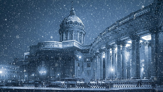 降雪、雪、カザン大聖堂、サンクトペテルブルク、ロシア、空、夜、凍結、雪、大聖堂、サンクトペテルブルク、冬、都市、青い風景、 HDデスクトップの壁紙 HD wallpaper