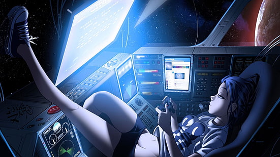 gracz, kosmos, dziewczyna, ziemia, play station, anime, Tapety HD HD wallpaper