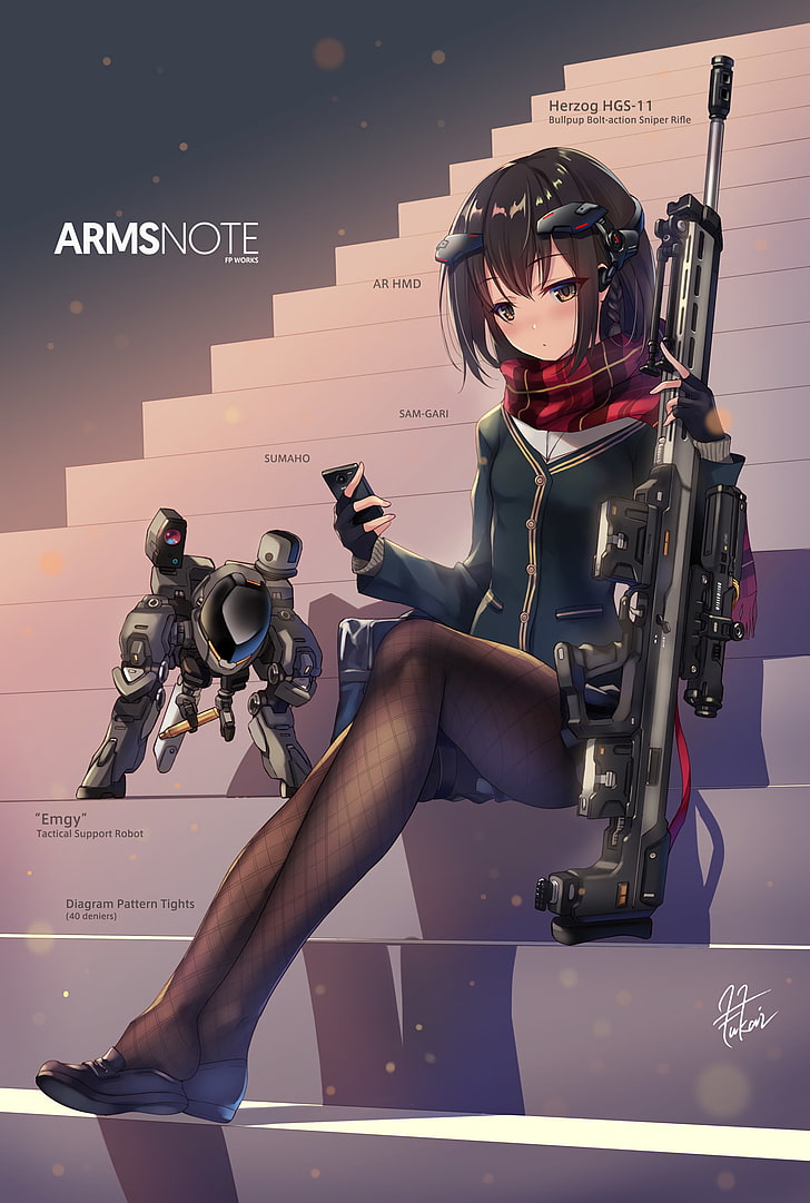 Anime, Anime Girls, Roboter, Waffe, Scharfschützengewehr, Strümpfe, kurze Haare, Brünette, braune Augen, Telefon, HD-Hintergrundbild, Handy-Hintergrundbild