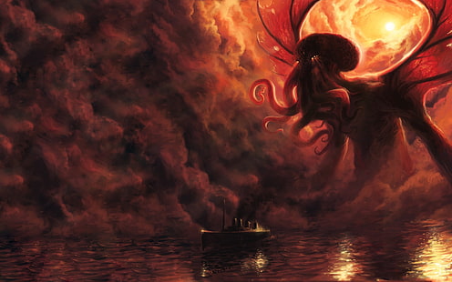 тапет оранжев октопод, Cthulhu, фентъзи изкуство, H. P. Lovecraft, Eldritch, HD тапет HD wallpaper