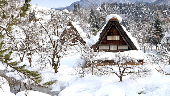 зима, снег, дом, Япония, остров Хонсю, Гокаяма, Сиракава-го, HD обои HD wallpaper