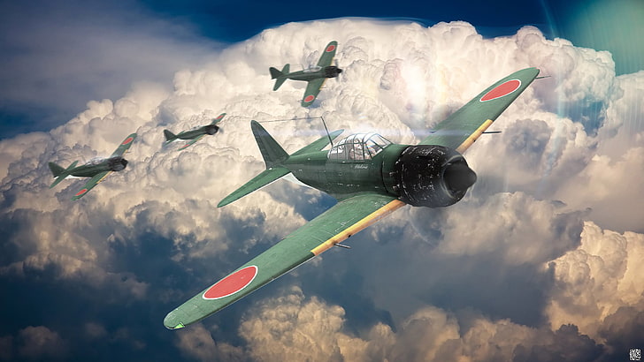 зеленый моноплан, небо, облака, самолет, война, истребитель, ноль, A6M5, война, гром, HD обои