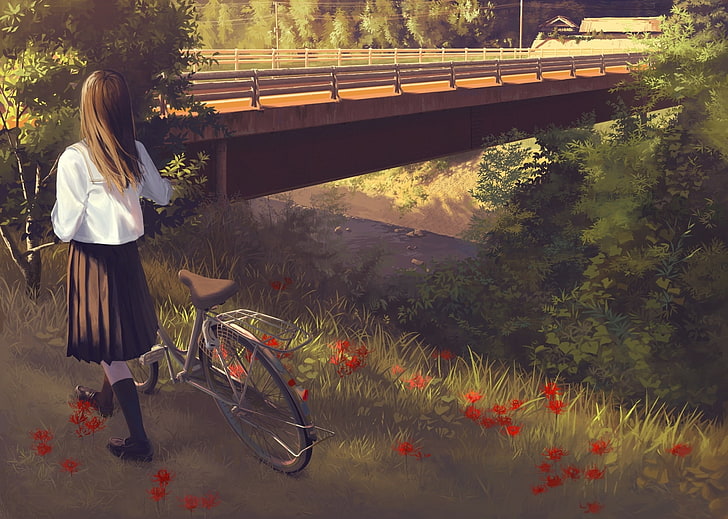 аниме момиче, ходене, реалистично, река, велосипед, мост, произведения на изкуството, училищна униформа, аниме, HD тапет