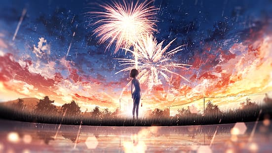  anime, anime girls, women, fantasy girl, digital art, artwork, illustration, environment, concept art, landscape, sky, skyscape, water, sea, reflection, nature, outdoors, Sun, sunlight, trees, fireworks, wind, wind chimes, sad, crying, woman crying, dress, tears, clouds, lights, HD wallpaper HD wallpaper