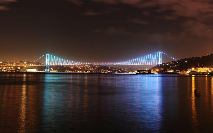 Босфорен мост панорамна гледка, Истанбул Турция, град, Мраморно море, Босфорен мост панорамна гледка, Нощ, светлини, кораби, небе, Облак, HD тапет