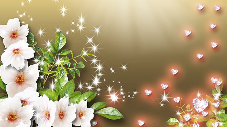 Hearts On Gold, stars, gold, hearts, rhinestones, jewels, flowers, 3d and abstract, HD wallpaper