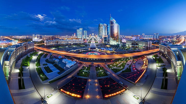 Cityscape arsitektur kota bangunan pencakar langit lampu malam, Burung mata melihat jalan astana pohon kota persegi lensa fisheye kazakhstan, Wallpaper HD