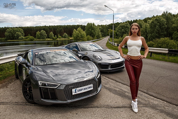 Audi, modelo, niña, Porsche, figura, piernas, Oleg Klimin, Fondo de pantalla HD